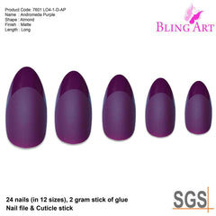 False Nails by Bling Art Purple Matte Almond Stiletto 24 Fake Long