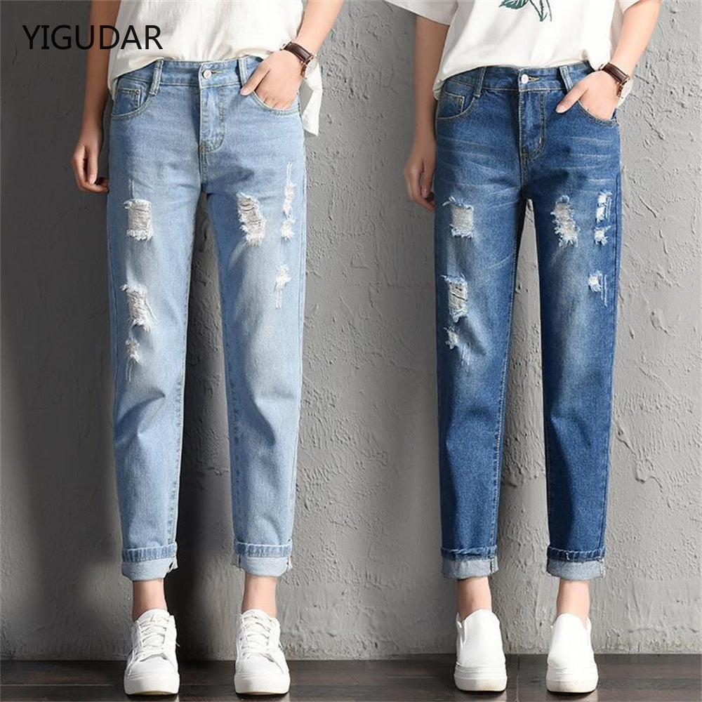 2022 New Women Fashion Mid Waist Boyfriend Big Ripped Hole Jeans