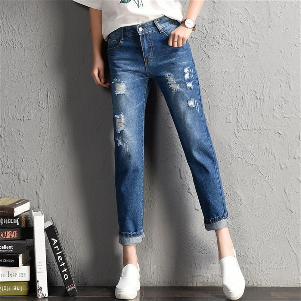 2022 New Women Fashion Mid Waist Boyfriend Big Ripped Hole Jeans