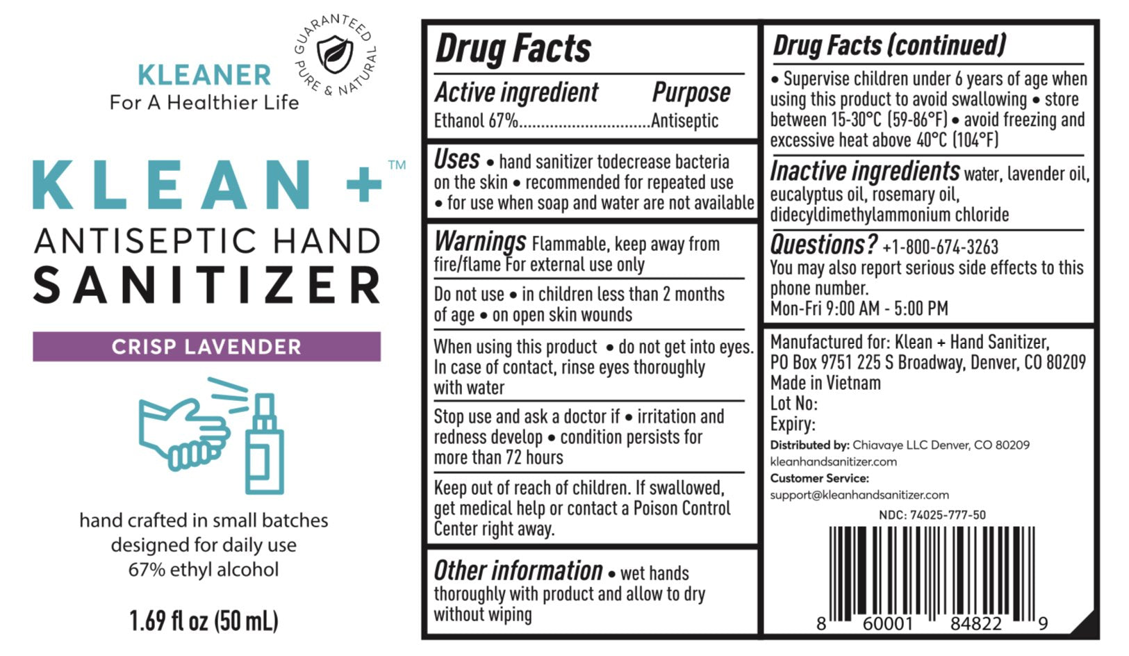 Klean + Hand Sanitizer Crisp Lavender 50ml (3Pack)