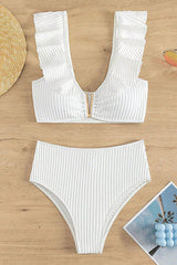 White Textured Ruffled Notched V Neck High Waist Bikini Set