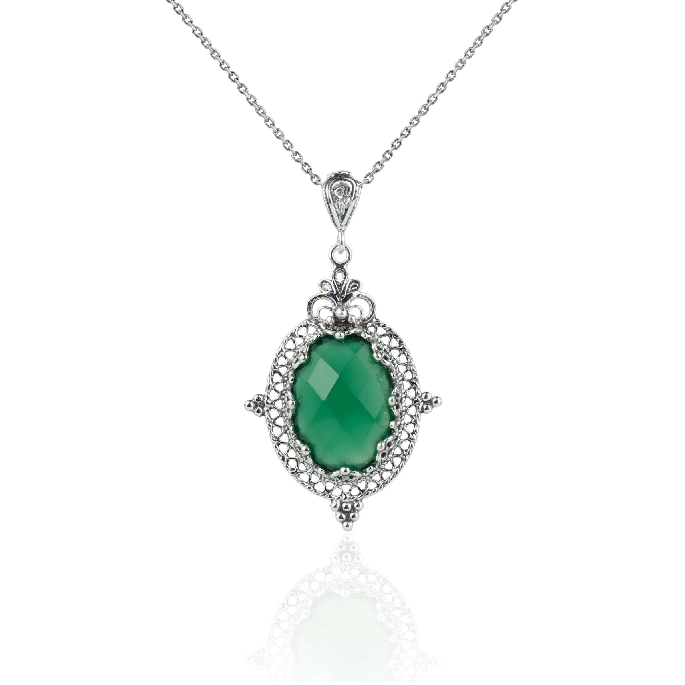 Filigree Art Green Agate Gemstone Women Silver Oval Pendant Necklace