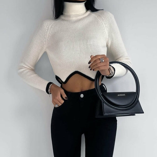 Irregular Hem High Neck Short Sweater for Women