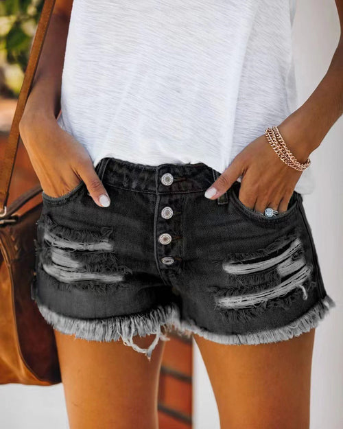 Fringed Denim Button Fly Shorts for Women (Hot Pants)