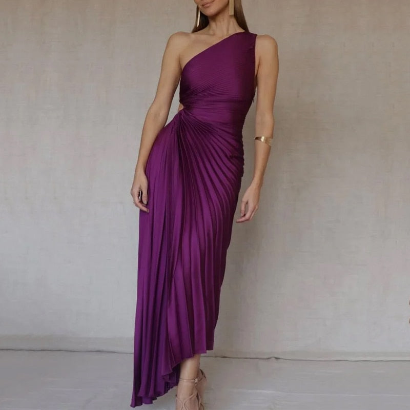 One Shoulder Solid Cutout Pleated Dress