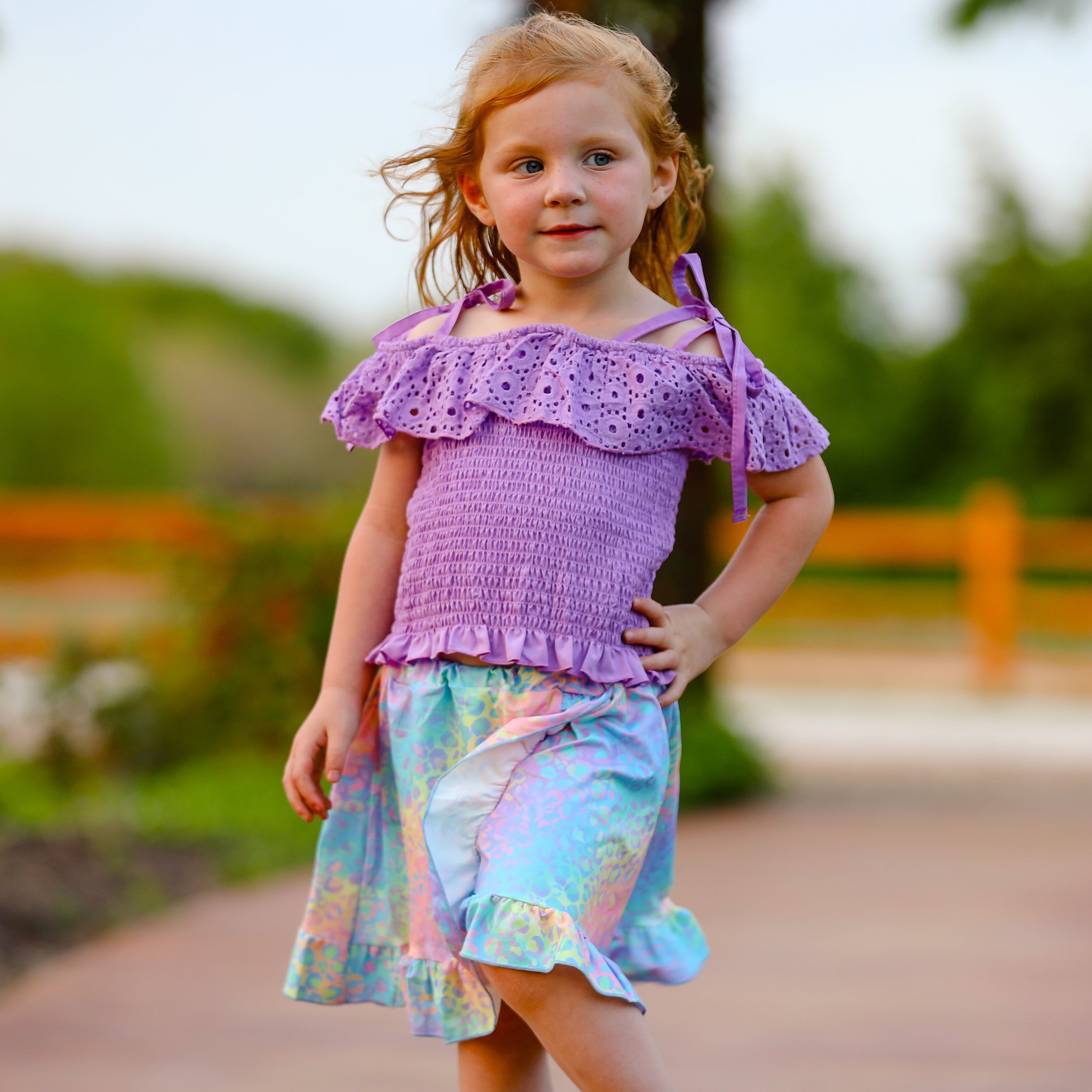 AL Limited Little & Big Girls Purple Eyelet Smocked Top and Tie Dye