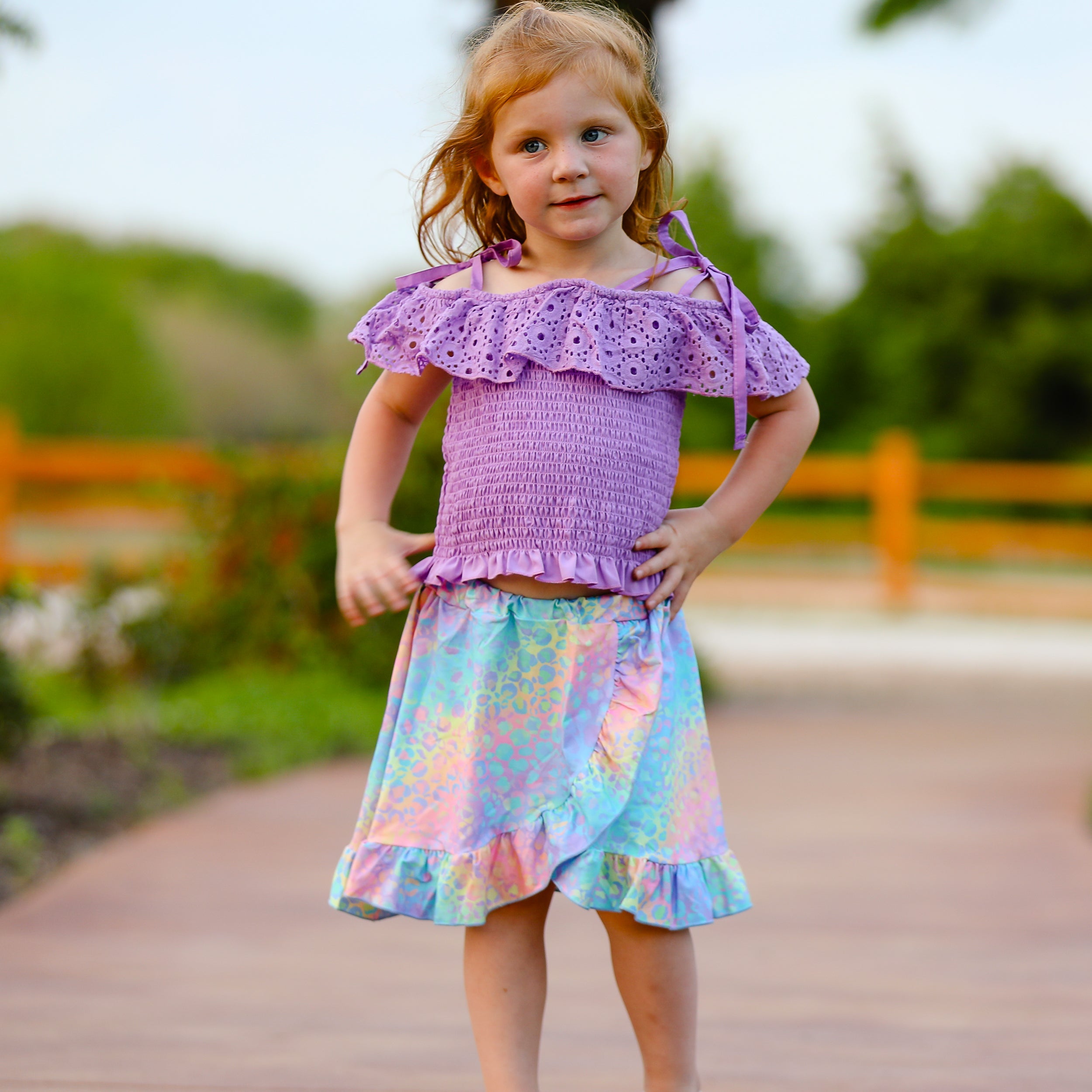 AL Limited Little & Big Girls Purple Eyelet Smocked Top and Tie Dye