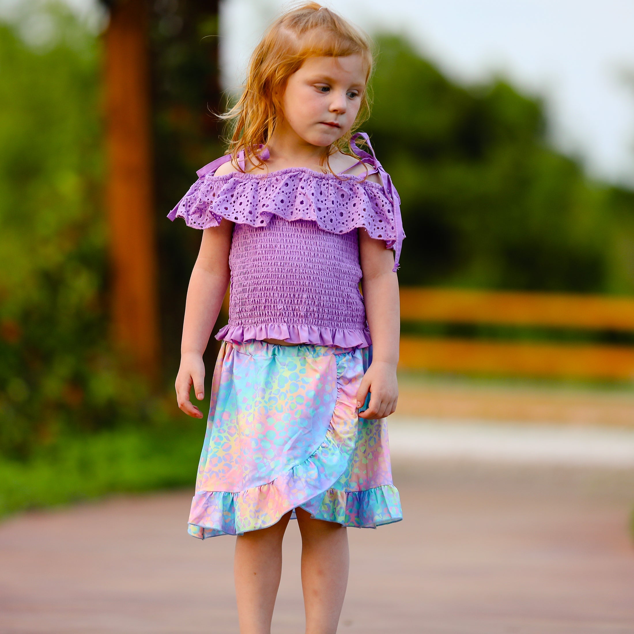 AL Limited Little & Big Girls Purple Eyelet Smocked Top and Tie Dye