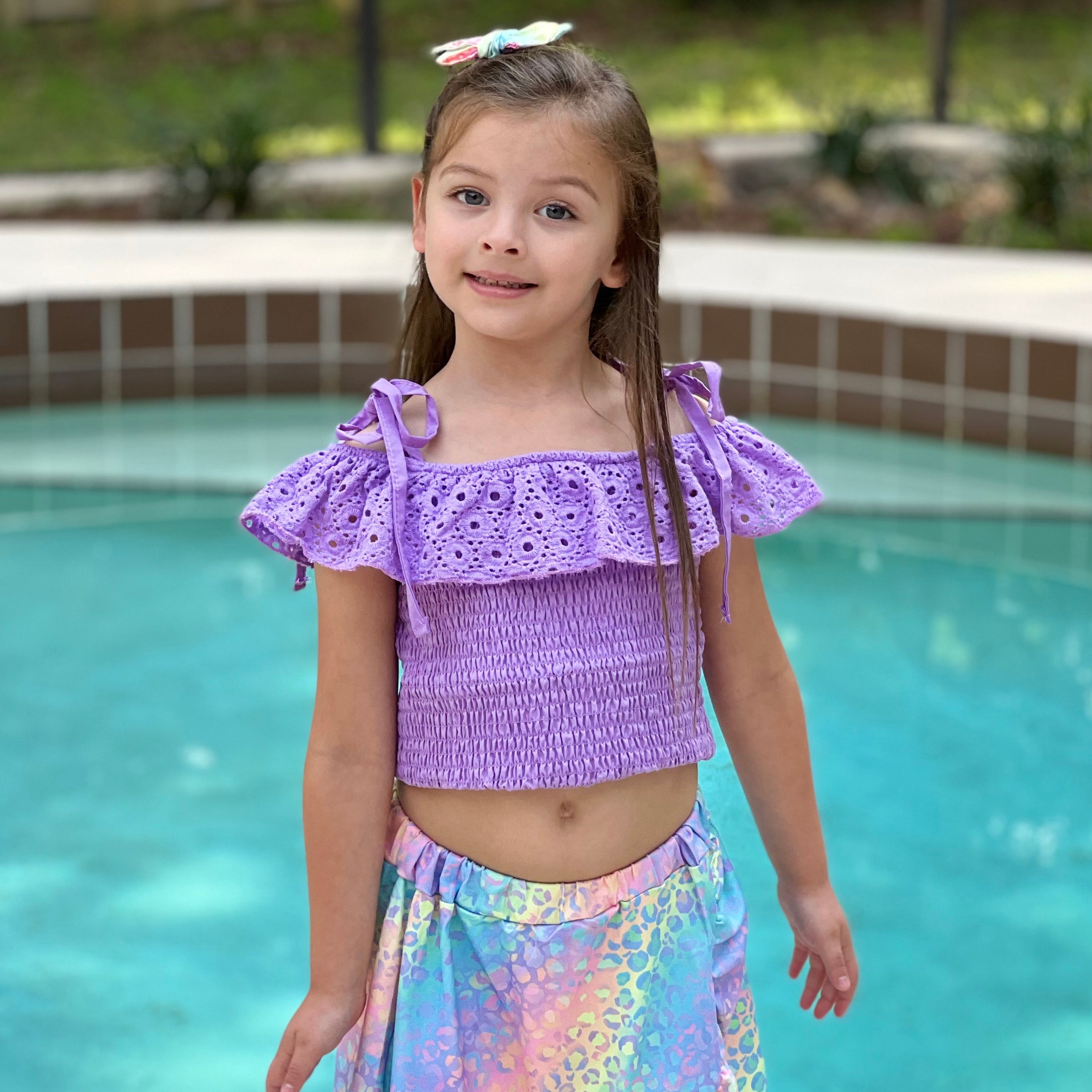 AL Limited Little & Big Girls Purple Eyelet Smocked Top and Tie Dye