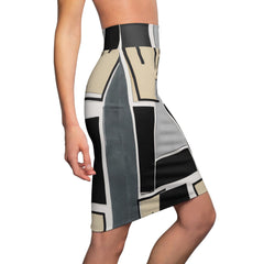 High Waist Womens Pencil Skirt - Contour Stretch - Abstract Black Grey