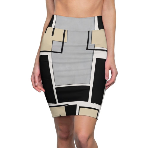 High Waist Womens Pencil Skirt - Contour Stretch - Abstract Black Grey