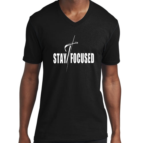 Mens Graphic V-neck T-shirt, Stay Focused White Print