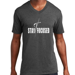 Mens Graphic V-neck T-shirt, Stay Focused White Print