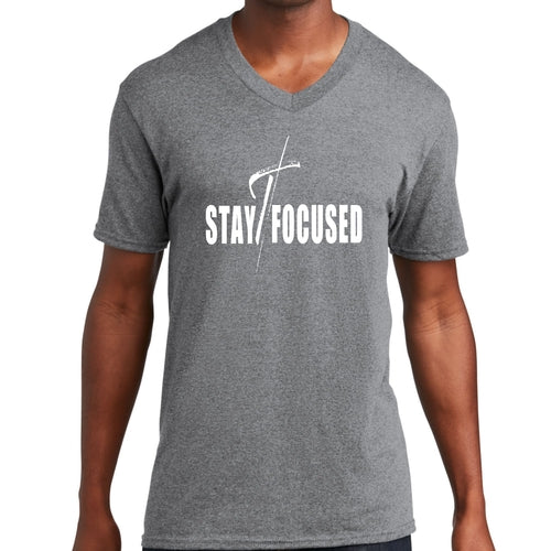 Mens Graphic V-neck T-shirt, Stay Focused White Print