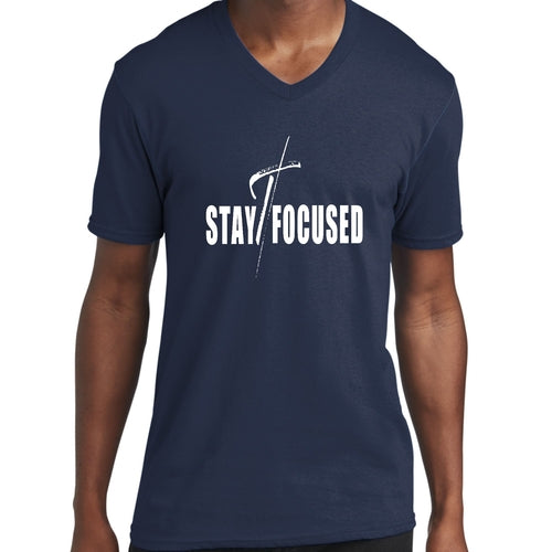 Mens Graphic V-neck T-shirt, Stay Focused White Print