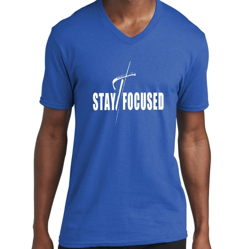 Mens Graphic V-neck T-shirt, Stay Focused White Print