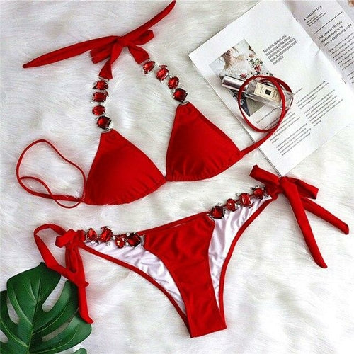 Bikini Sexy push up Crystal swimsuit female Halter swimwear women Knot